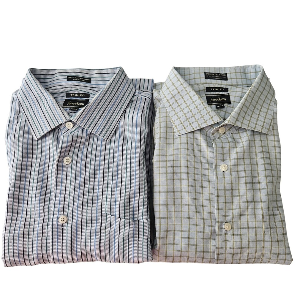 Lot‎ of 2 Neiman Marcus Trim Fit Dress Shirt Mens 17 32/33 Stripe Checked Preppy